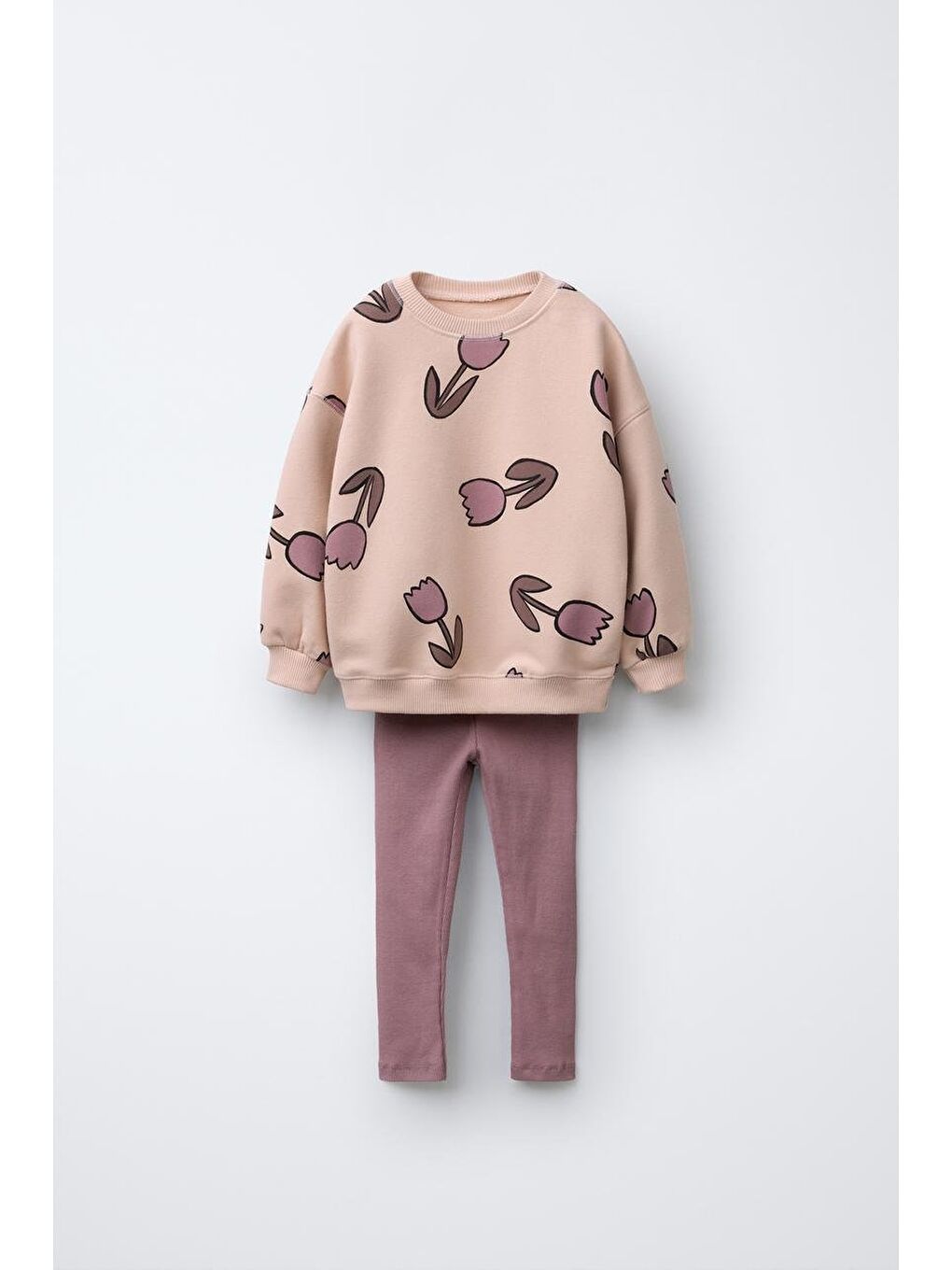 Kahverengi Kız Çocuk Pamuklu Çiçek Desenli Sweatshirt Ve Tayt Alt-Üst Takım - Günlük Takım