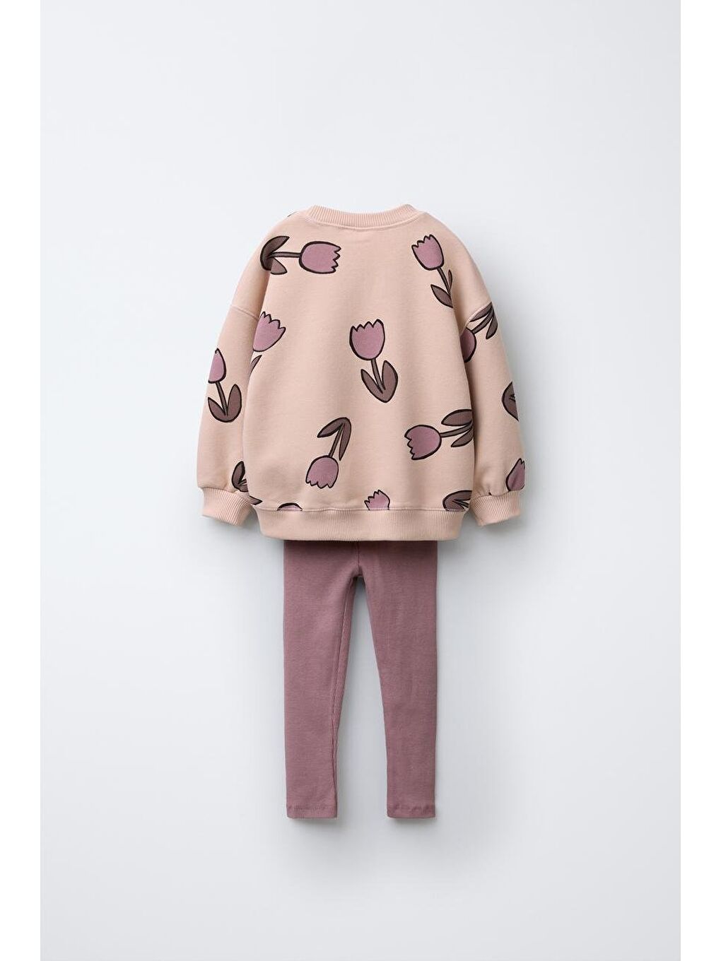 Kahverengi Kız Çocuk Pamuklu Çiçek Desenli Sweatshirt Ve Tayt Alt-Üst Takım - Günlük Takım-1