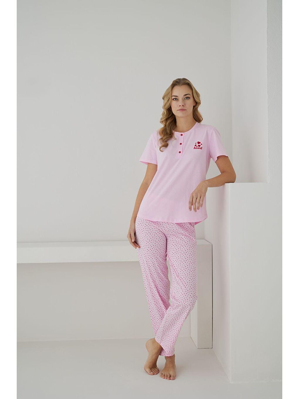 Pembe Kadın %100 Organik Pamuk Pudra Kalp Desenli Kısa Kollu Doğal Pijama Takımı-1