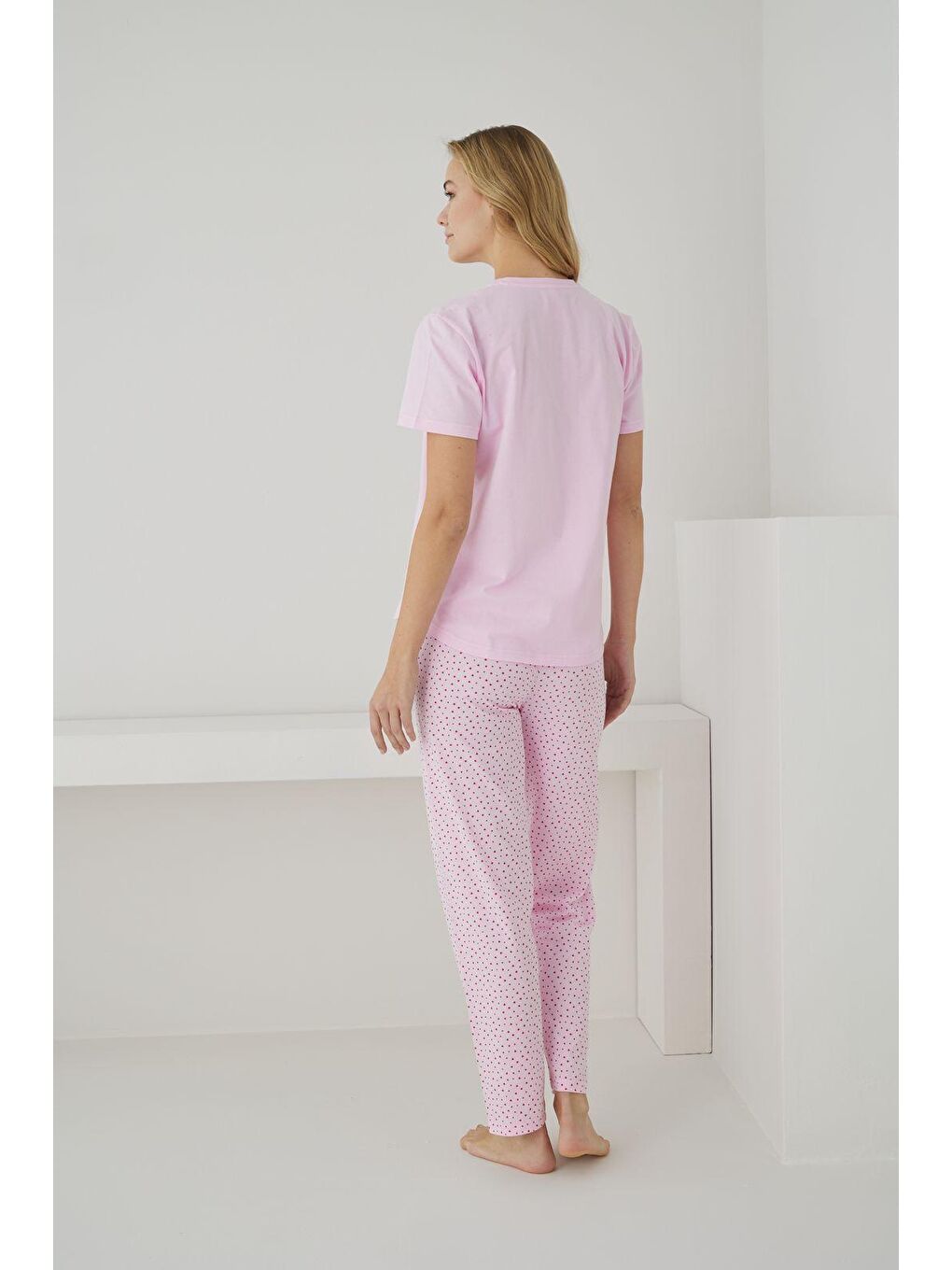 Pembe Kadın %100 Organik Pamuk Pudra Kalp Desenli Kısa Kollu Doğal Pijama Takımı-2