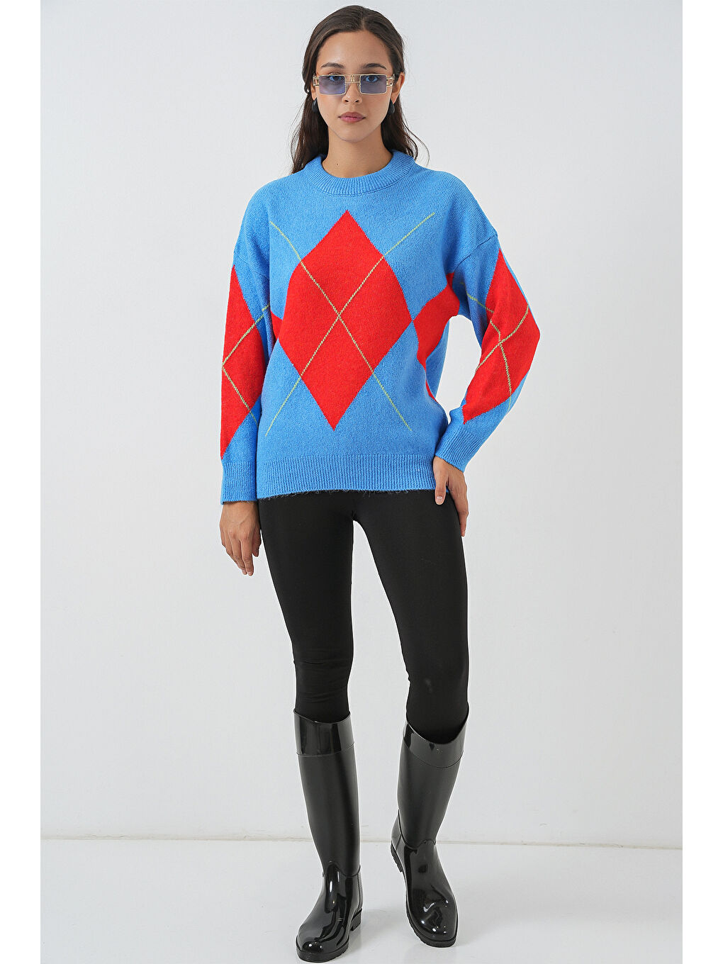 Bej 15895 Baklava Desenli Oversize Triko Kazak - B.Mavi-1