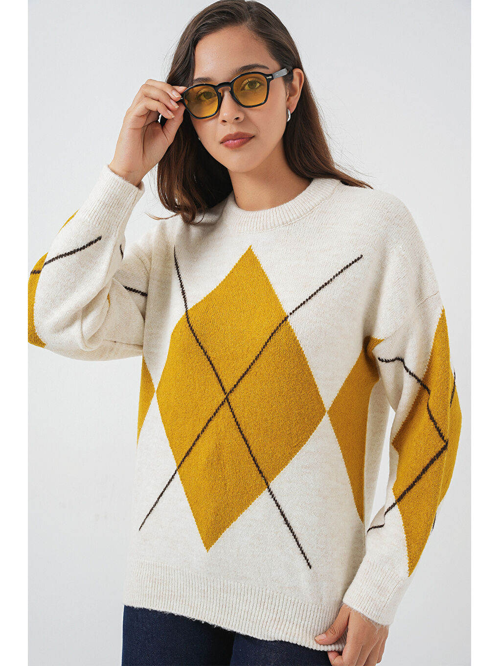 15895 Baklava Desenli Oversize Triko Kazak - A.Ekru