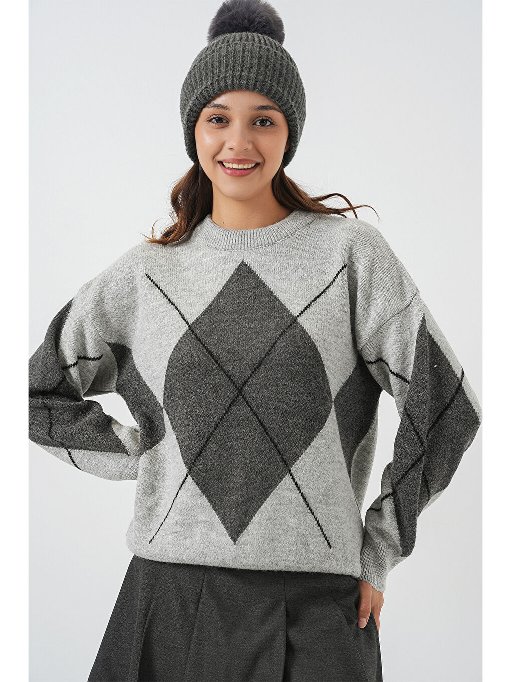 15895 Baklava Desenli Oversize Triko Kazak - F.Gri-3