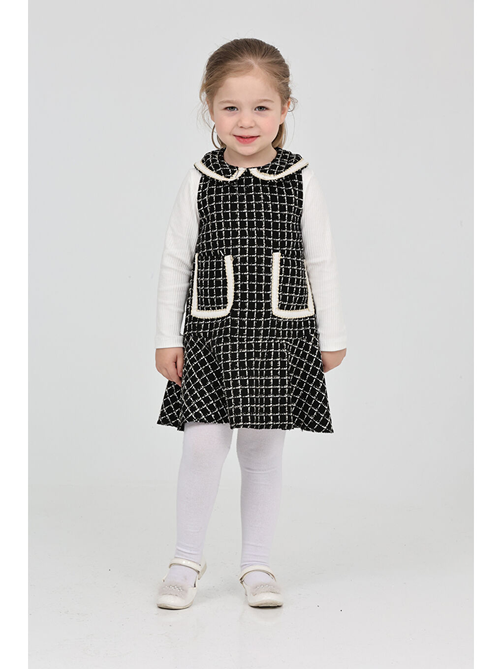 Siyah Kız Çocuk Şanel Kumaş Cepli 2'li Elbise (Elbise+Bady Bluz)12175