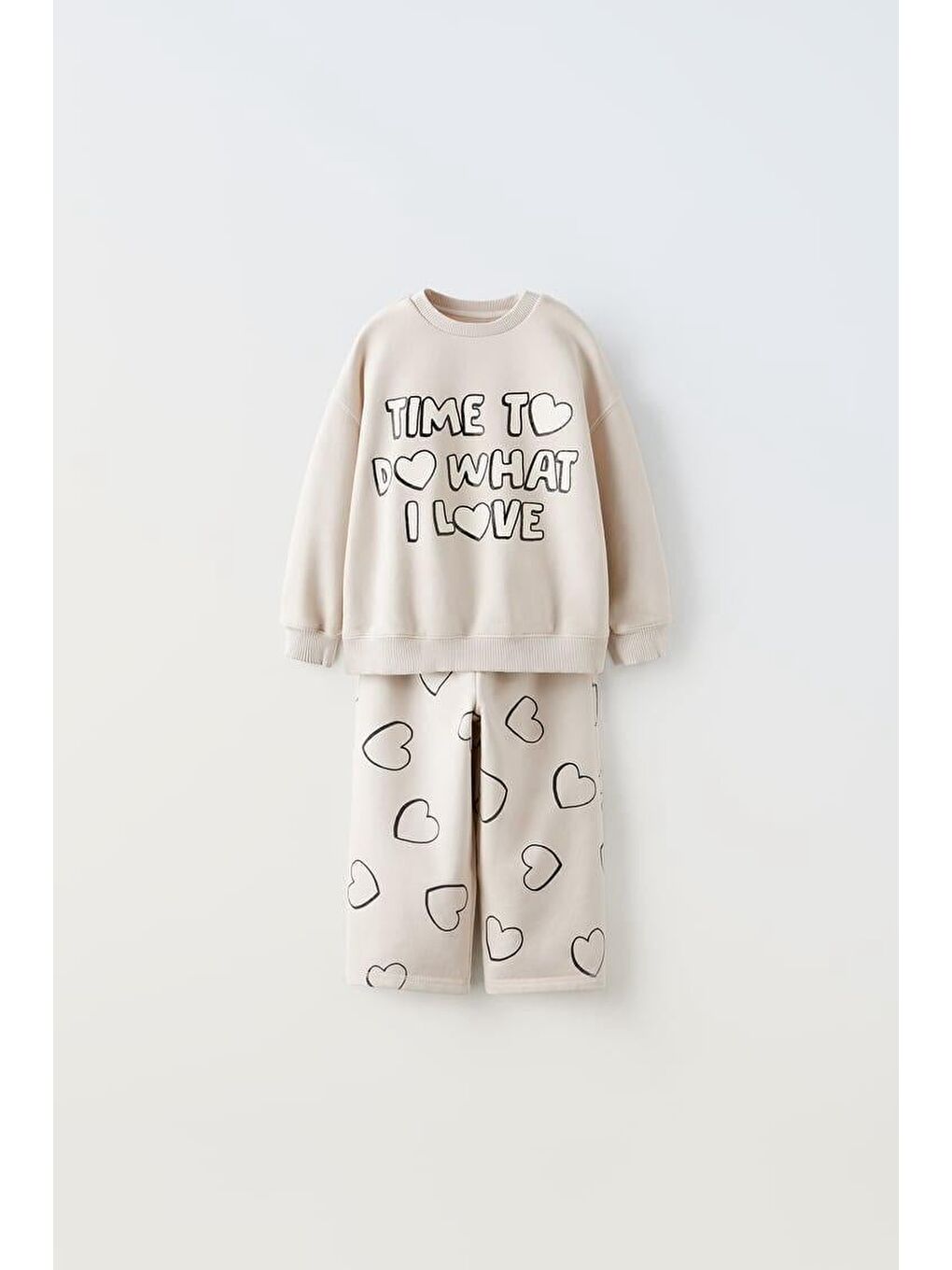 Kız Çocuk Pamuklu Ekru Kalpli Sweatshirt Geniş Paça Eşofman Takım - "Time To Do What I Love" Yazılı
