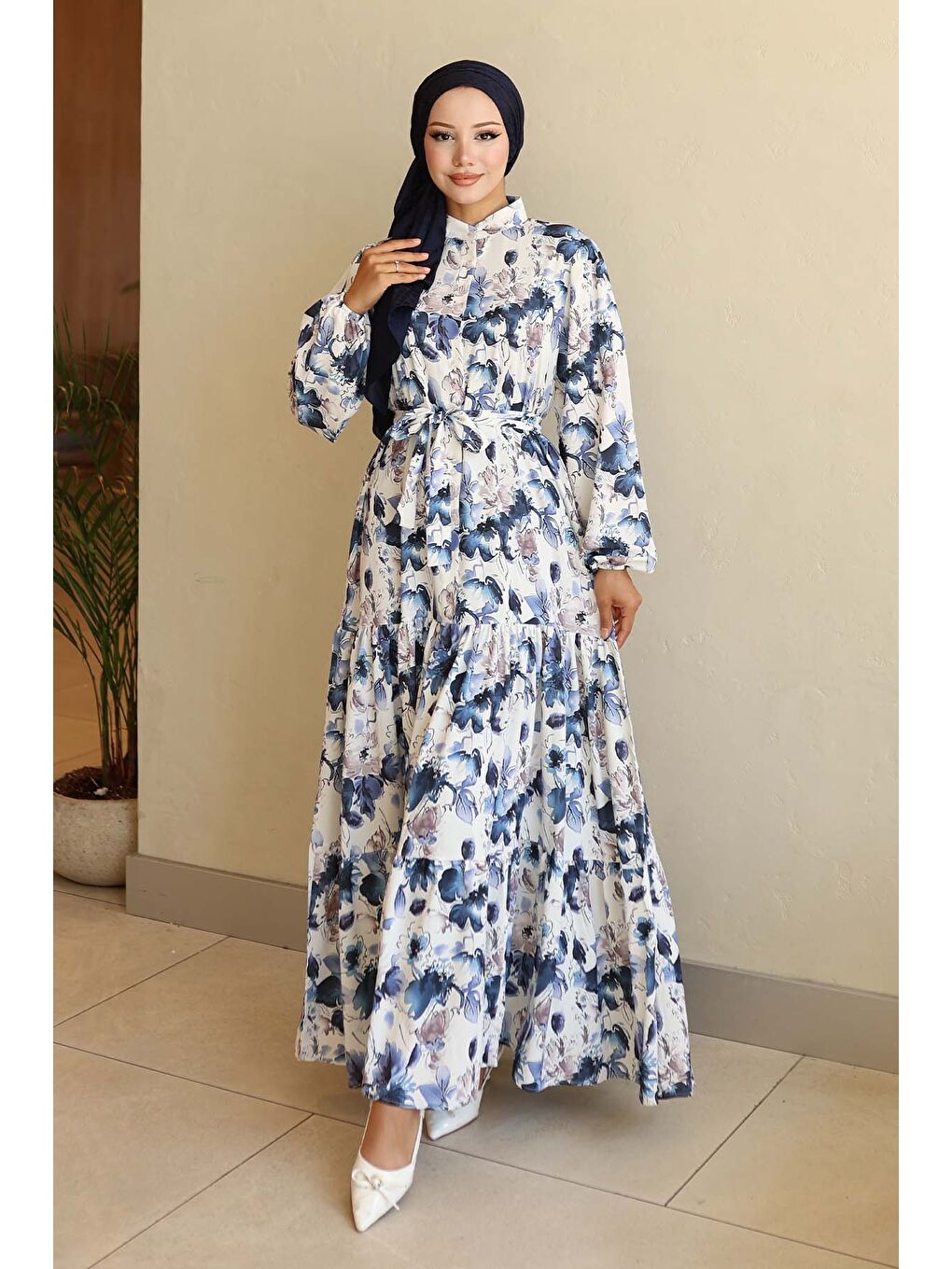 Kadın Desenli Uzun Tesettür Elbise 2586 - Lacivert