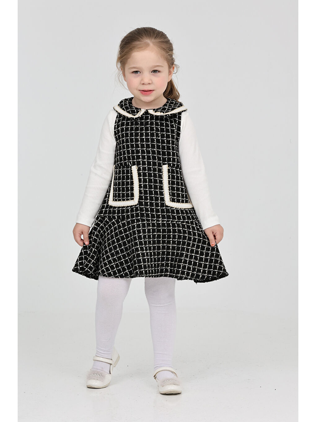 Siyah Kız Çocuk Şanel Kumaş Cepli 2'li Elbise (Elbise+Bady Bluz)12175-1
