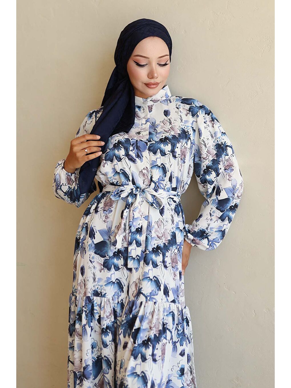 Kadın Desenli Uzun Tesettür Elbise 2586 - Lacivert-1