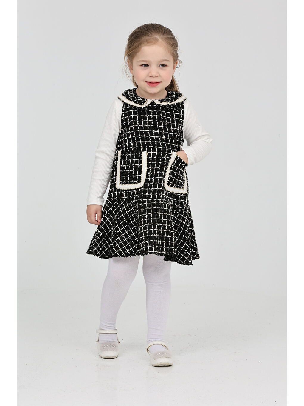 Siyah Kız Çocuk Şanel Kumaş Cepli 2'li Elbise (Elbise+Bady Bluz)12175-2