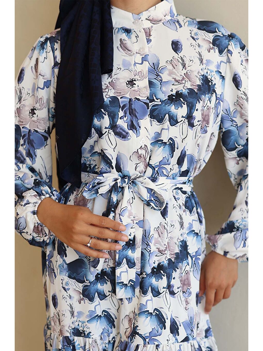 Kadın Desenli Uzun Tesettür Elbise 2586 - Lacivert-2