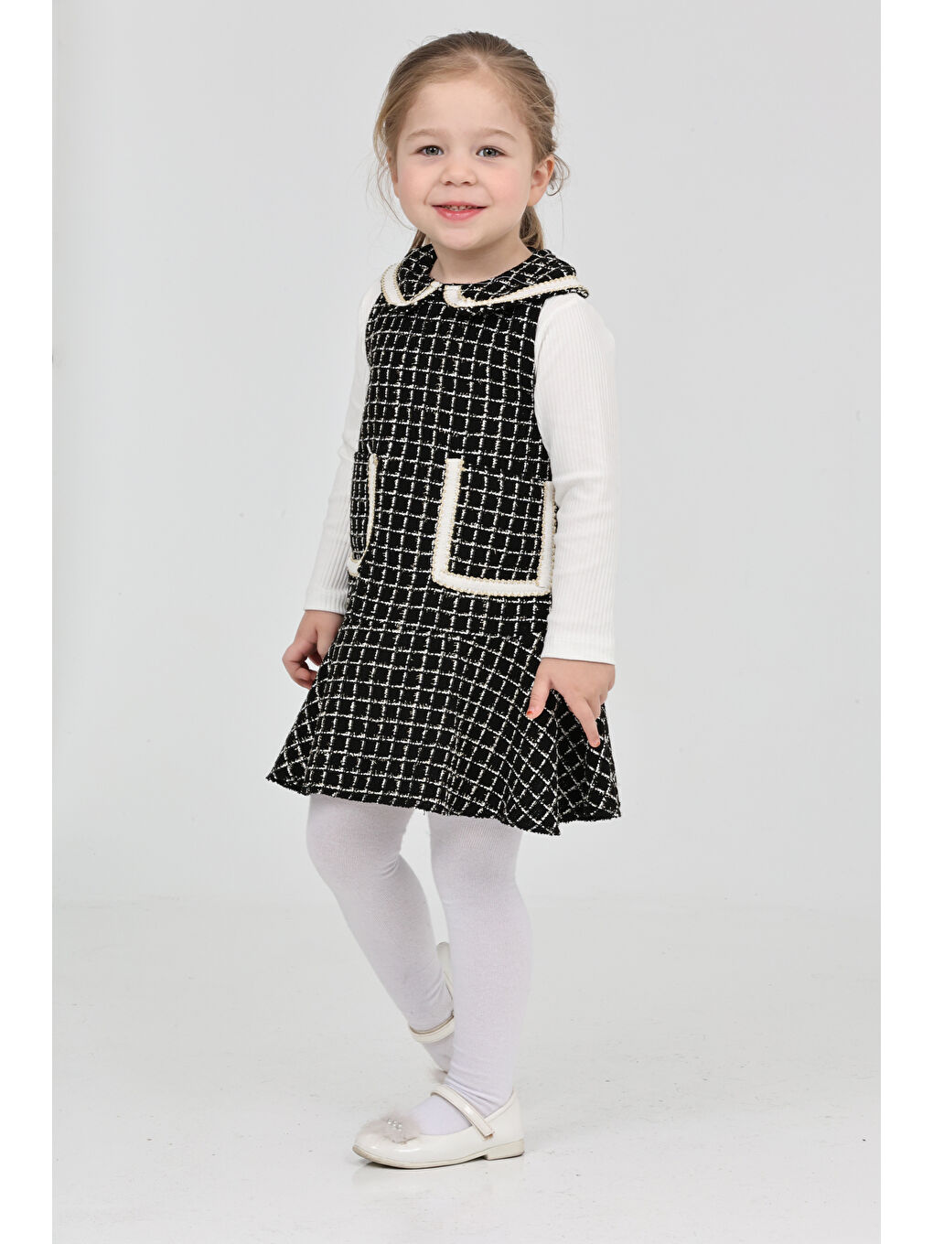Siyah Kız Çocuk Şanel Kumaş Cepli 2'li Elbise (Elbise+Bady Bluz)12175-3