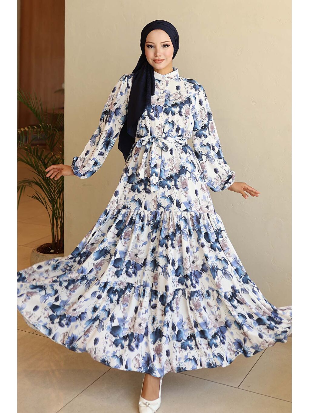 Kadın Desenli Uzun Tesettür Elbise 2586 - Lacivert-3