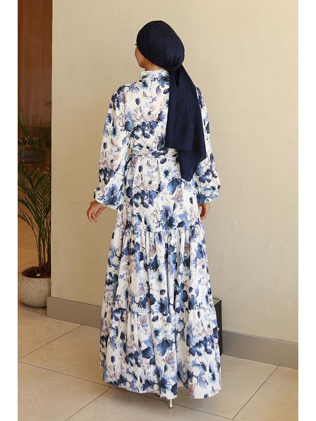 Kadın Desenli Uzun Tesettür Elbise 2586 - Lacivert-4
