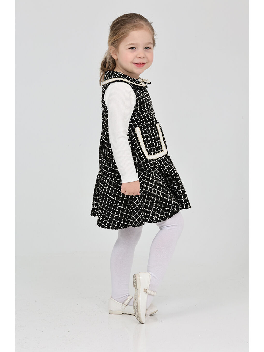 Siyah Kız Çocuk Şanel Kumaş Cepli 2'li Elbise (Elbise+Bady Bluz)12175-4