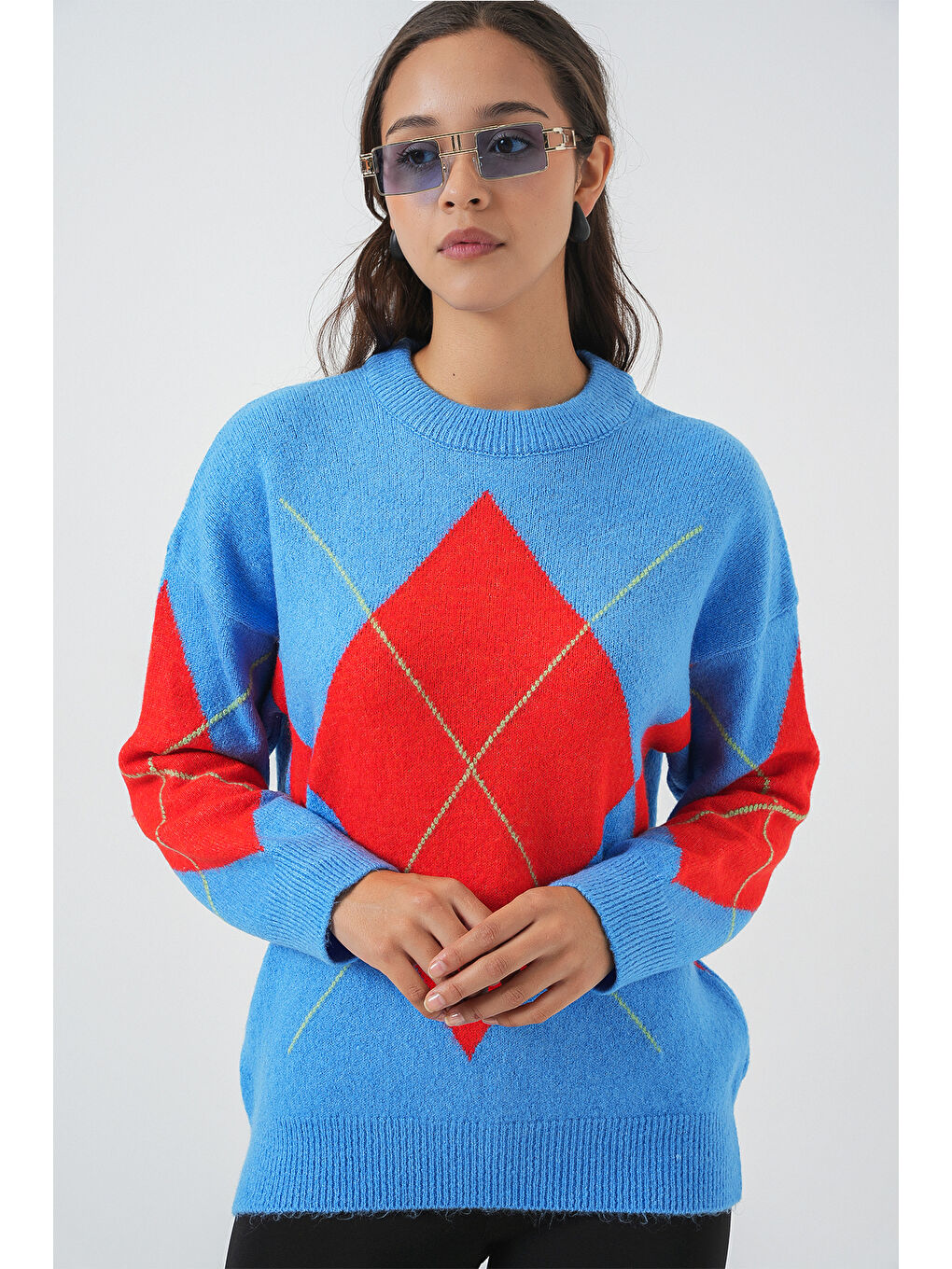 Bej 15895 Baklava Desenli Oversize Triko Kazak - B.Mavi-2