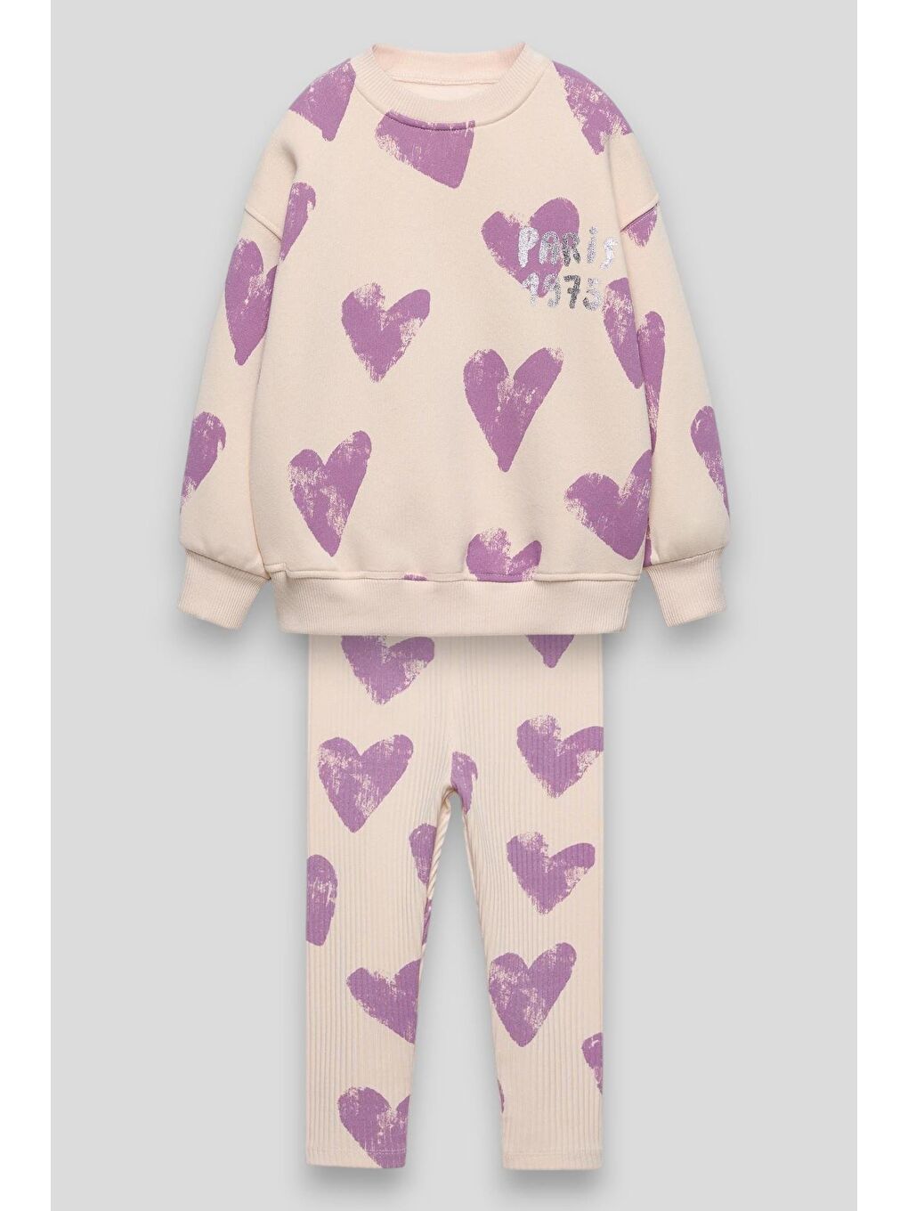 Karışık Kız Çocuk Pamuklu Lila Kalpli Sweatshirt Tayt Takım - Paris Yazı Detaylı-1