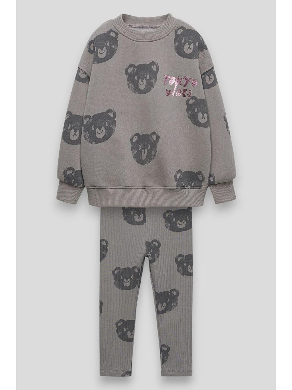Kız Çocuk Pamuklu Gri Ayıcık Desenli Sweatshirt Tayt Takım - Tokyo Yazı Detaylı