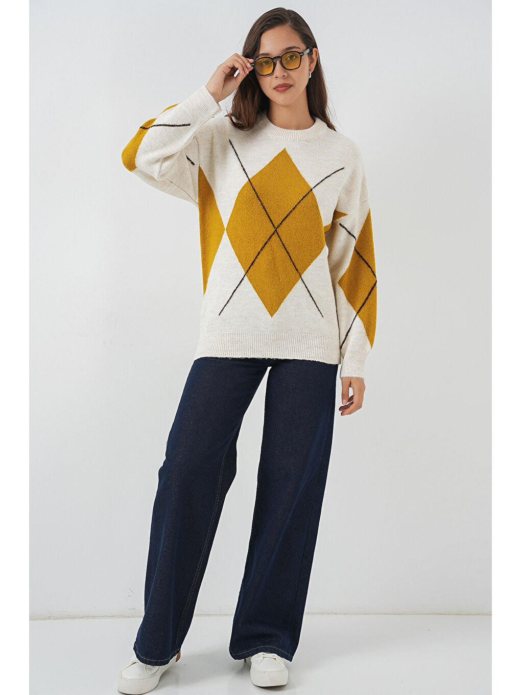 15895 Baklava Desenli Oversize Triko Kazak - A.Ekru-1