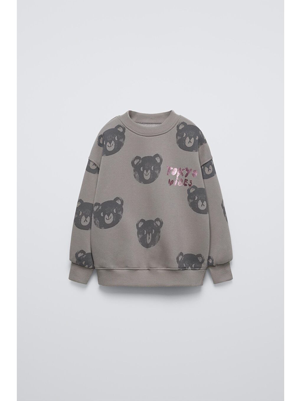 Kız Çocuk Pamuklu Gri Ayıcık Desenli Sweatshirt Tayt Takım - Tokyo Yazı Detaylı-1