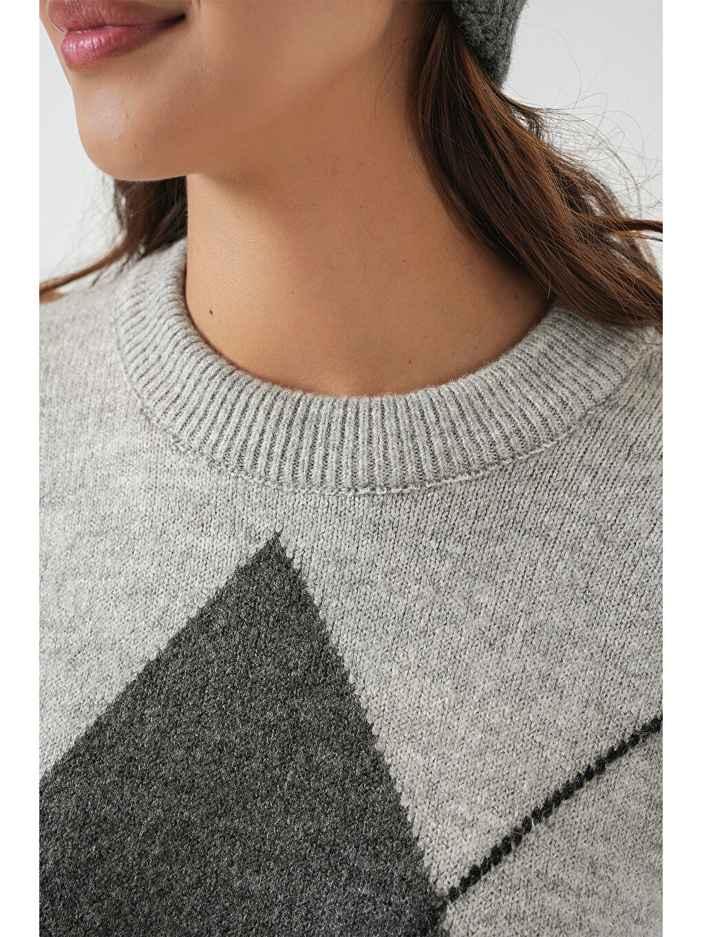 15895 Baklava Desenli Oversize Triko Kazak - F.Gri-4