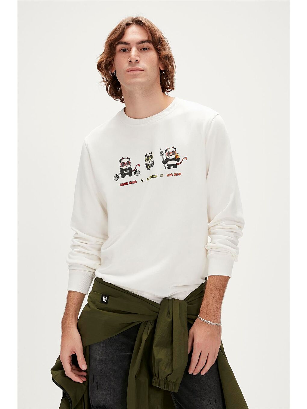 Bad Bear Beyaz Play Hard Crewneck Off-White Beyaz  Baskılı Erkek Sweatshirt