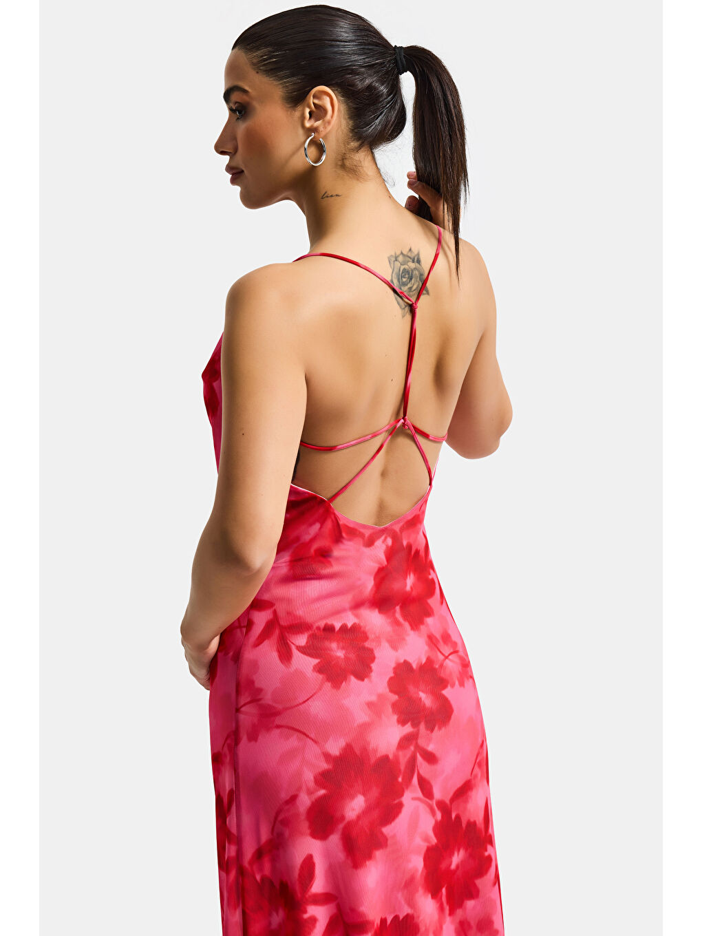 Kadın Pembe Baskılı s6 Çiçek Desen-5 Maxi Boy Özel Tasarım Elastan Elbise-2