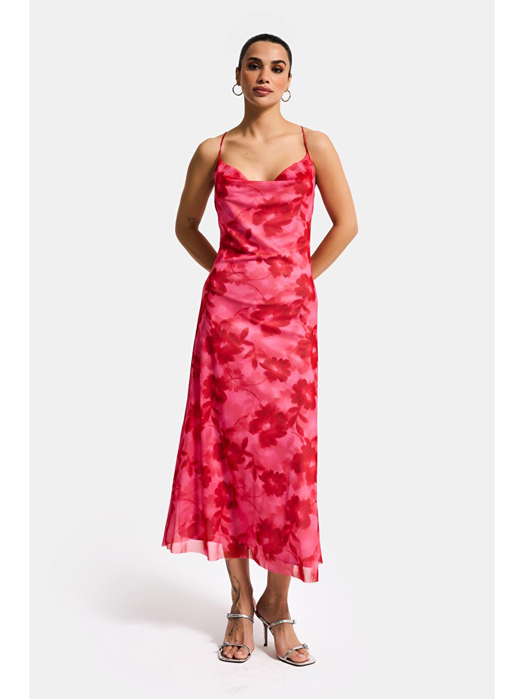 Kadın Pembe Baskılı s6 Çiçek Desen-5 Maxi Boy Özel Tasarım Elastan Elbise-3