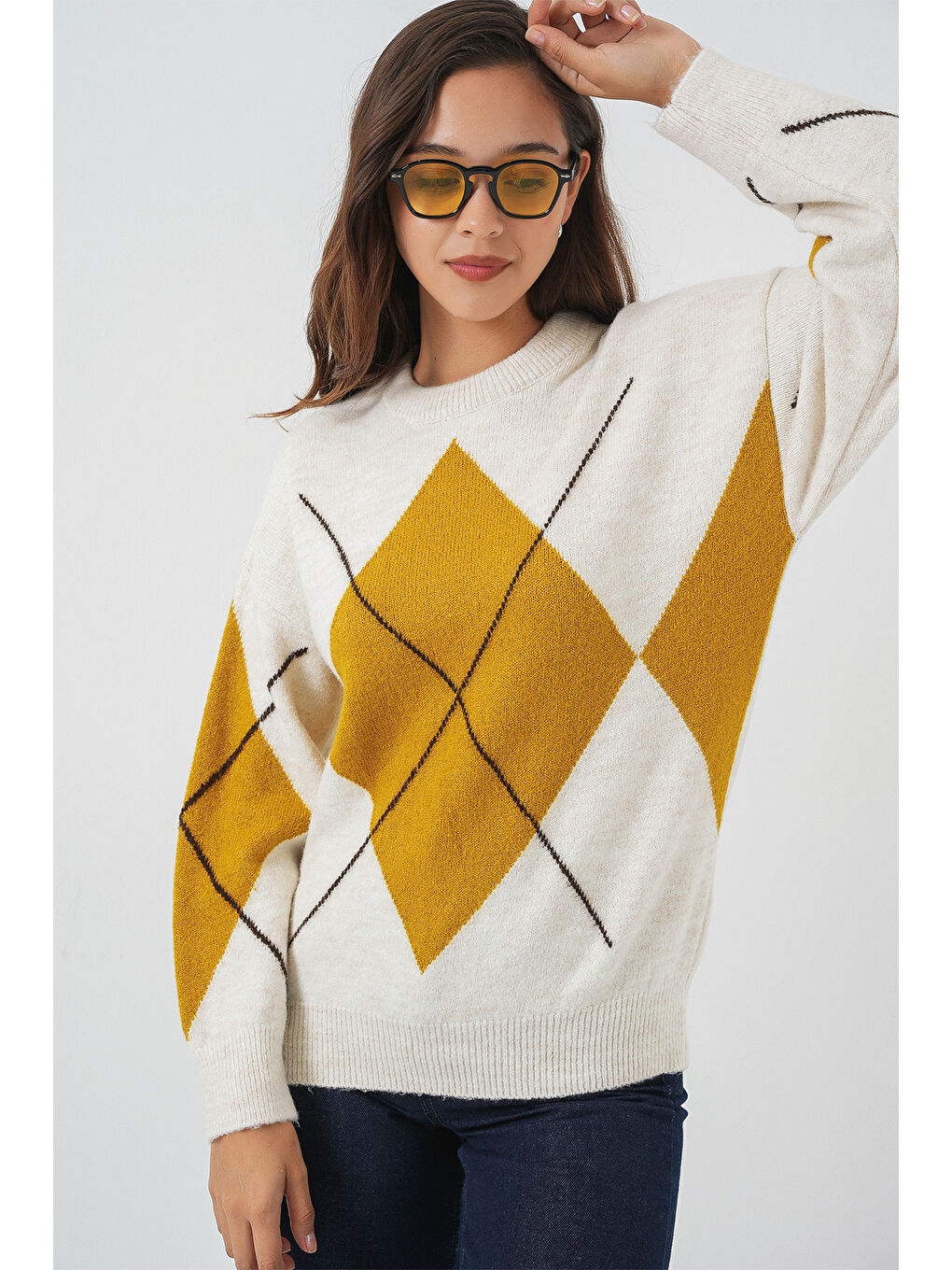 15895 Baklava Desenli Oversize Triko Kazak - A.Ekru-2