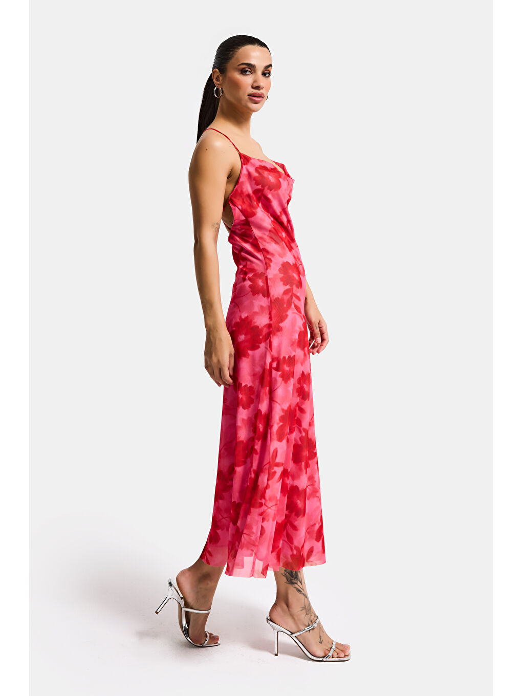 Kadın Pembe Baskılı s6 Çiçek Desen-5 Maxi Boy Özel Tasarım Elastan Elbise-5