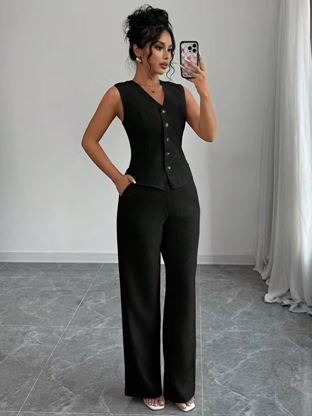 Siyah Kadın Askılı önden Düğmeli Bluz Ve Pantolon Keten Ikili Takım-4