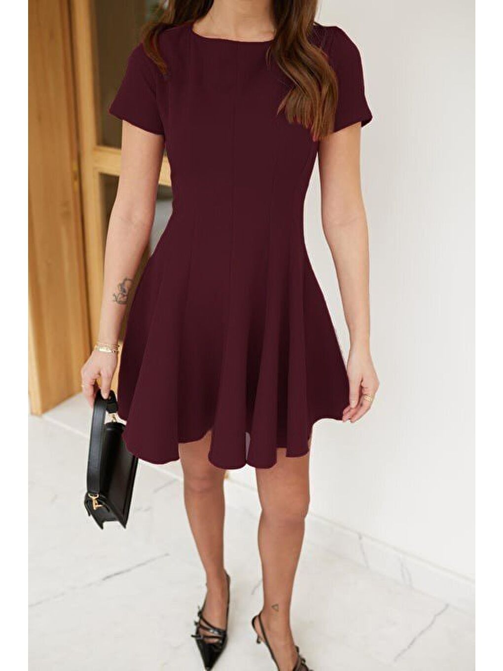 Bordo Kadın Kısa Kollu Kiloş Ithal Krep Elbise-2