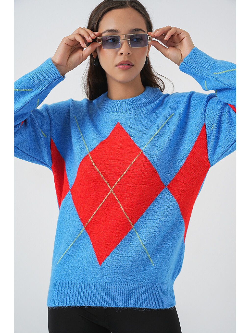 Bej 15895 Baklava Desenli Oversize Triko Kazak - B.Mavi-3