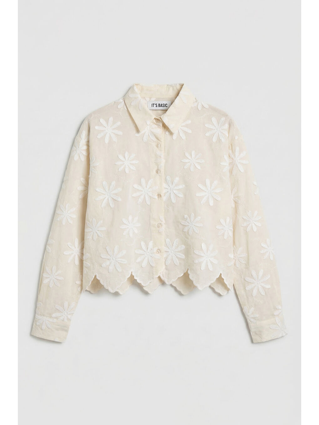 Bej Kadın Taş Renk Crop Papatya Desenli Özel Tasarım Gömlek-2