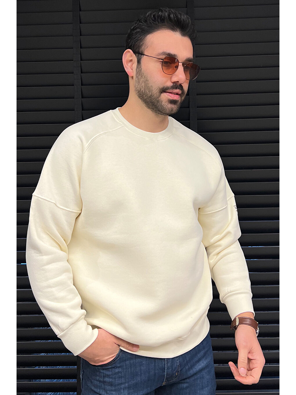 Mishar İtalia Ekru Bisiklet Yaka 3 İplik Şardonlu Sweatshirt - 1