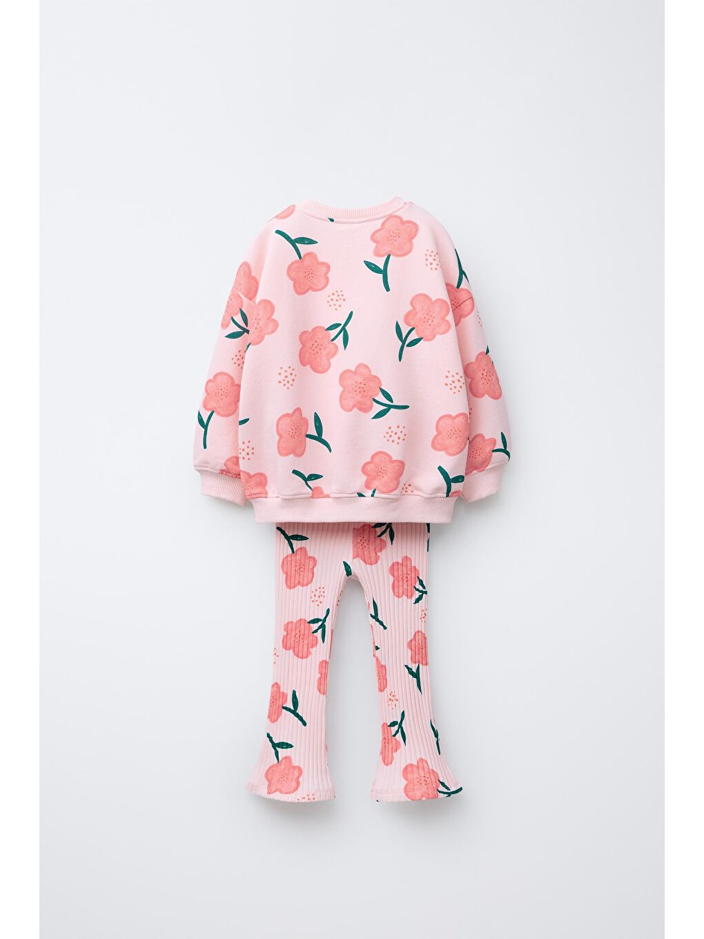 Kız Çocuk Pamuklu Pembe Çiçek Desenli Sweatshirt İspanyol Paça Tayt Takım-1