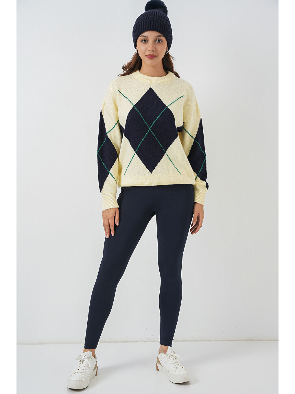 15895 Baklava Desenli Oversize Triko Kazak - B.Sarı-1