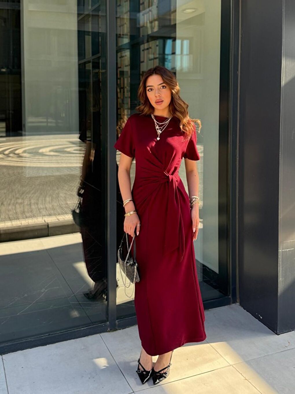 Bordo Kadın Kısa Kollu Bisiklet Yaka Yandan Bağlamalı Viskon Iki Iplik Elbise-1