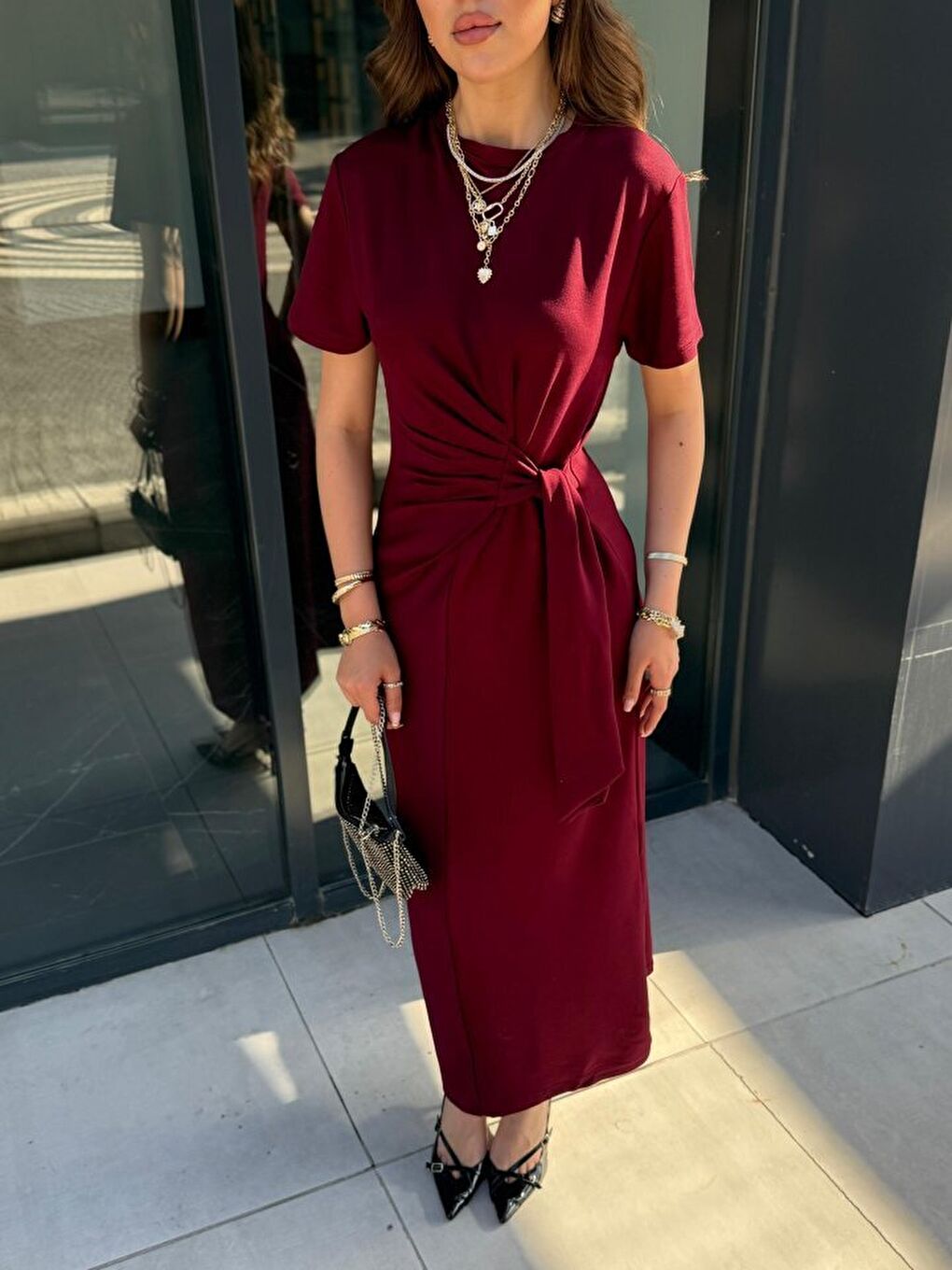 Bordo Kadın Kısa Kollu Bisiklet Yaka Yandan Bağlamalı Viskon Iki Iplik Elbise-2