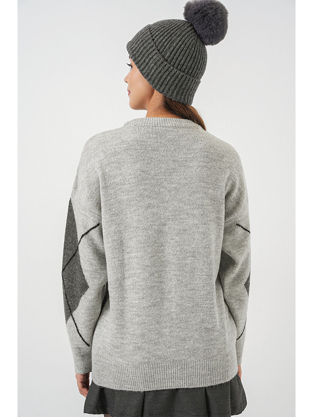 15895 Baklava Desenli Oversize Triko Kazak - F.Gri-5