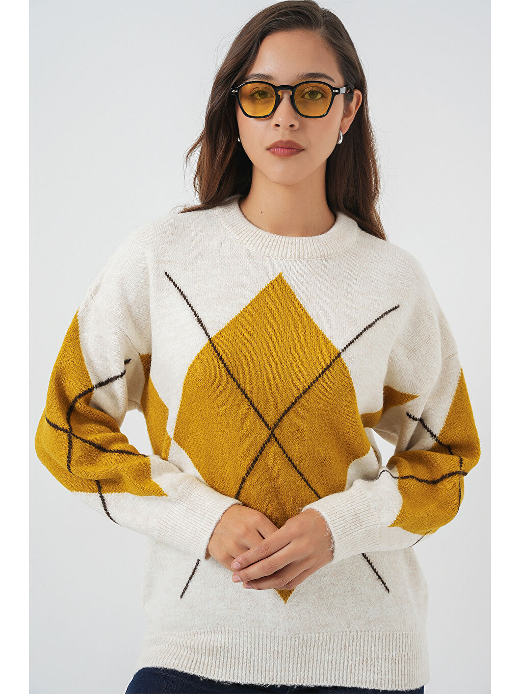 15895 Baklava Desenli Oversize Triko Kazak - A.Ekru-3