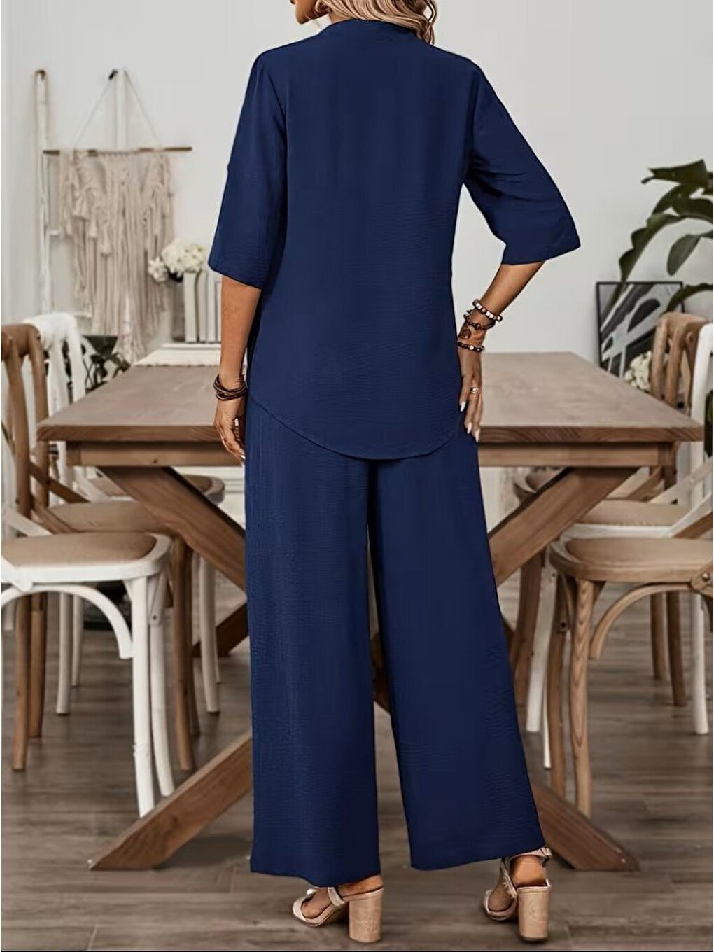 Lacivert Kadın Kısa Kollu V Yakalı Aerobin Bluz Ve Pantolon Ikili Takım-4