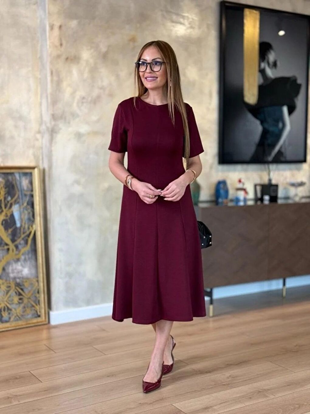 Bordo Kadın Kısa Kollu Bisiklet Yaka Midi Viskon Iki Iplik Elbise