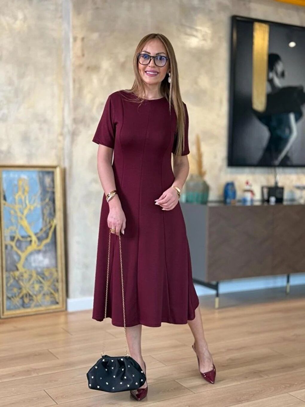 Bordo Kadın Kısa Kollu Bisiklet Yaka Midi Viskon Iki Iplik Elbise-1