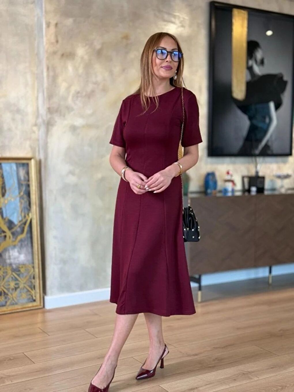 Bordo Kadın Kısa Kollu Bisiklet Yaka Midi Viskon Iki Iplik Elbise-3
