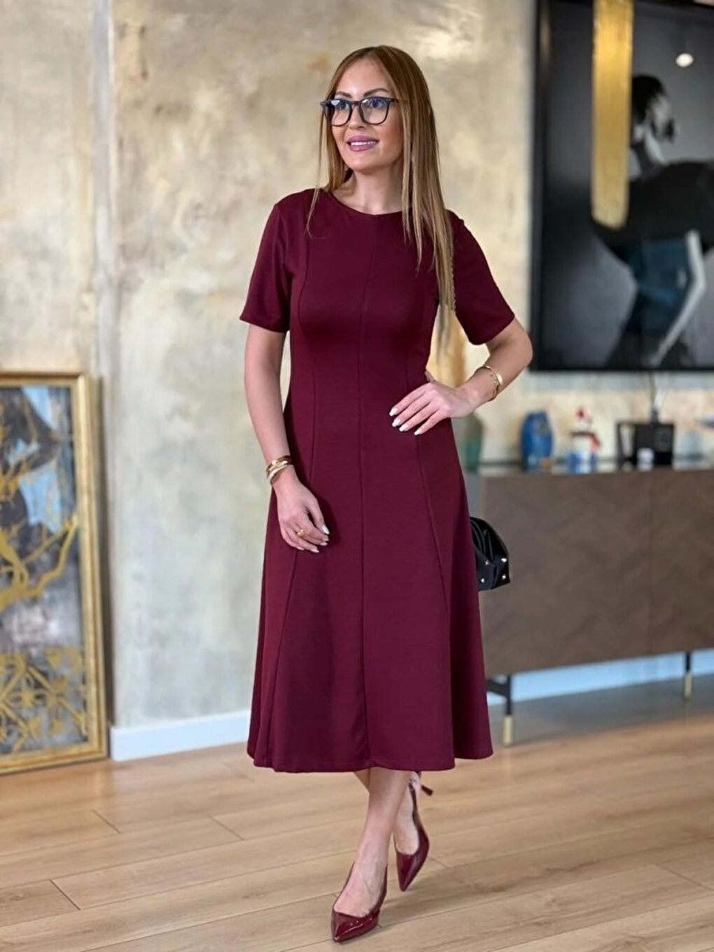Bordo Kadın Kısa Kollu Bisiklet Yaka Midi Viskon Iki Iplik Elbise-4