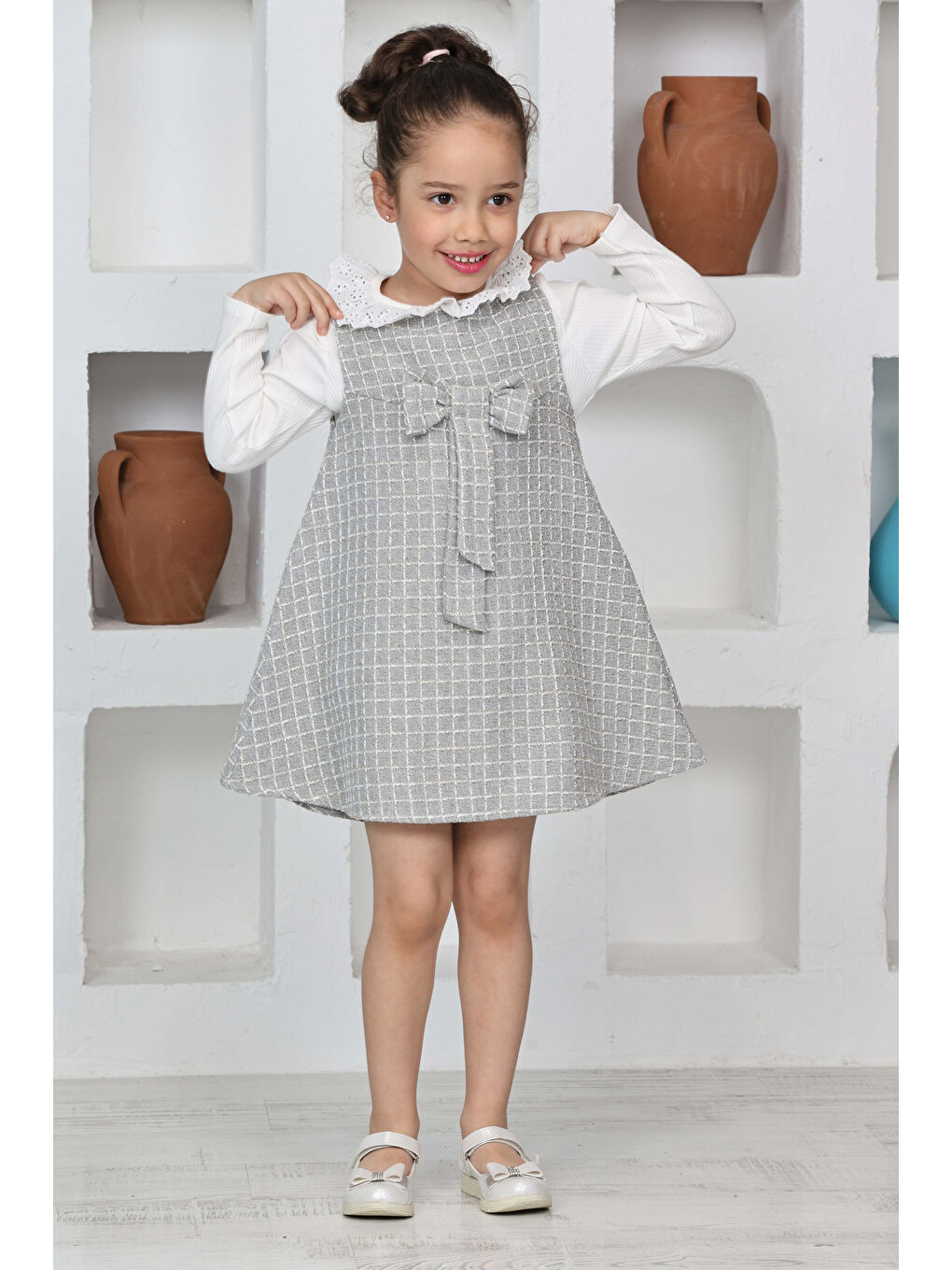 Gri Kız Çocuk Şanel Kumaş 2'li Elbise (Elbise+Bady Bluz)12174-1