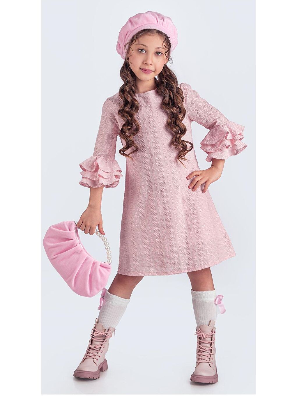 Pembe Miss Clarice Kız Çocuk Fransız Bere, Çanta, Çorap Ve Elbise Takım M00704-3