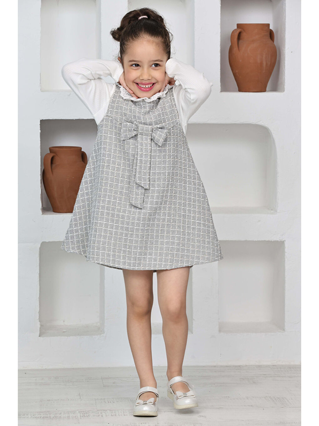 Gri Kız Çocuk Şanel Kumaş 2'li Elbise (Elbise+Bady Bluz)12174-2