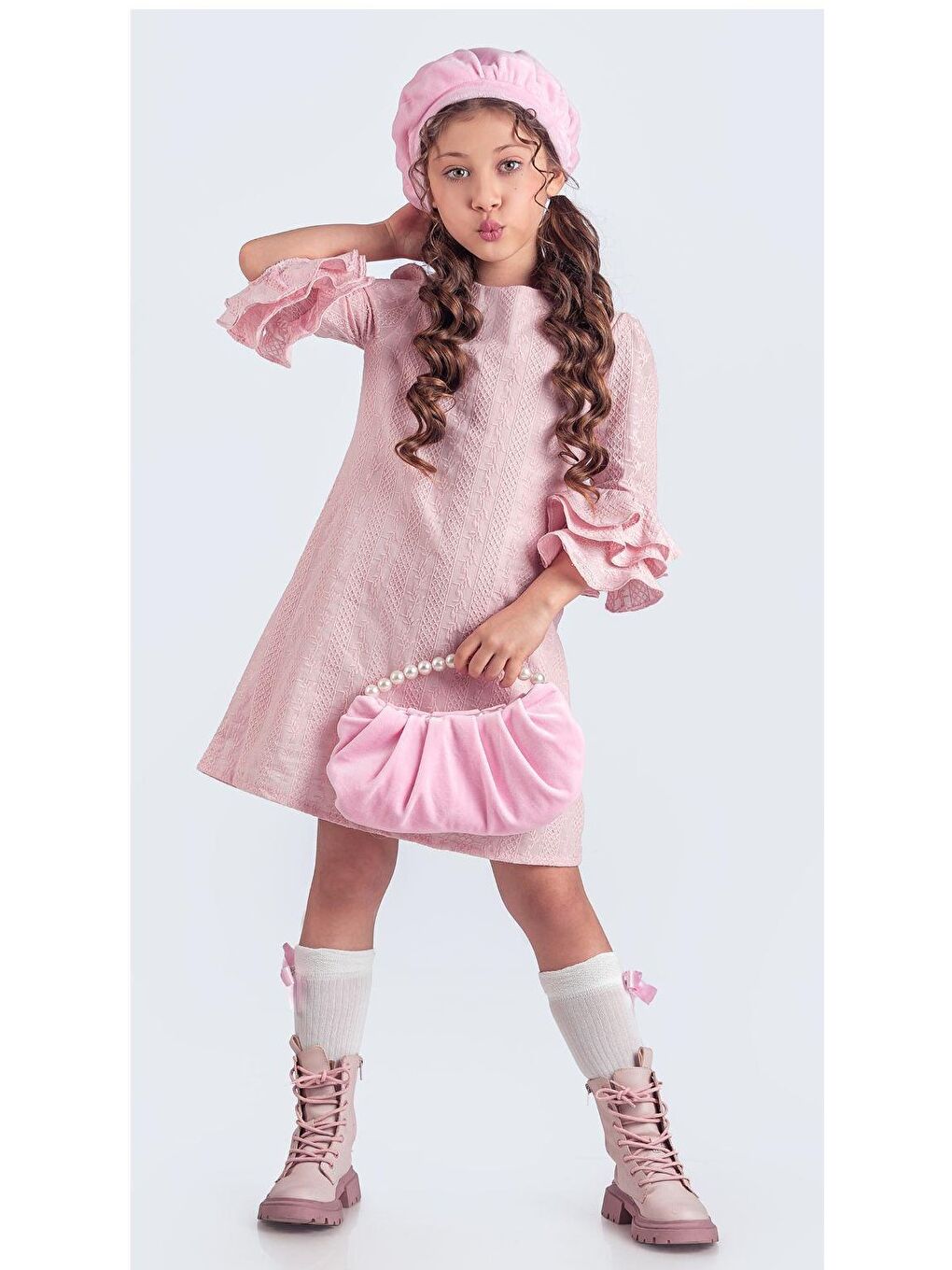 Pembe Miss Clarice Kız Çocuk Fransız Bere, Çanta, Çorap Ve Elbise Takım M00704-5