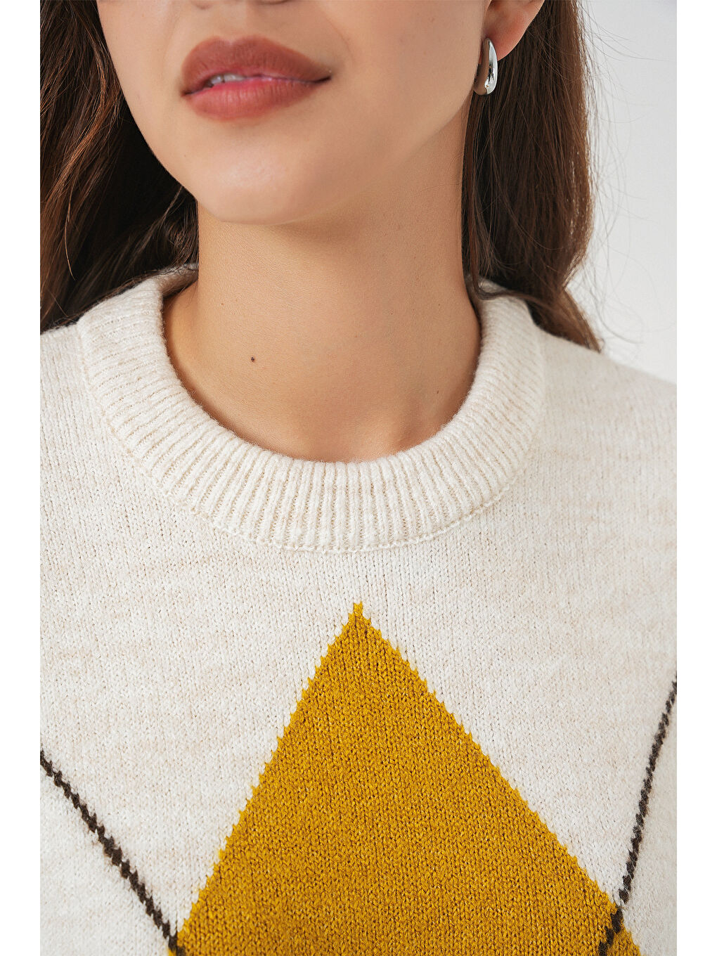 15895 Baklava Desenli Oversize Triko Kazak - A.Ekru-4